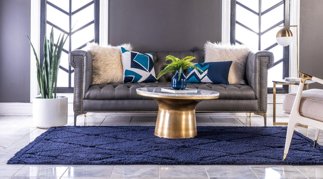 Navy Blue 4' 1 x 6' 1 Trellis Shag Rectangle Area Rug Thick Soft Touch Fluffy & Plush Shaggy Pile Geometric Modern Unique Carpet for Home Interior Design for Sale at Rug Engine