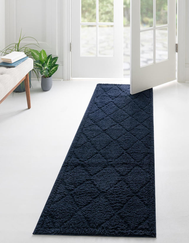 Navy Blue 2' 7 x 10' Trellis Shag Runner Area Rug Thick Soft Touch Fluffy & Plush Shaggy Pile Geometric Modern Unique Carpet for Home Interior Design for Sale at Rug Engine