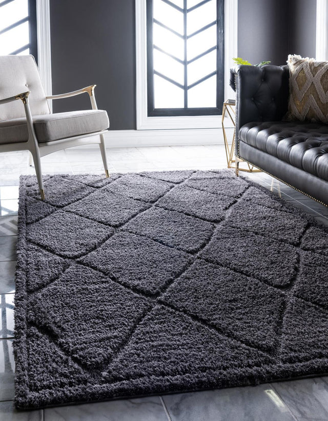 Dark Gray 9' x 12' 2 Trellis Shag Rectangle Area Rug Thick Soft Touch Fluffy & Plush Shaggy Pile Geometric Modern Unique Carpet for Home Interior Design for Sale at Rug Engine