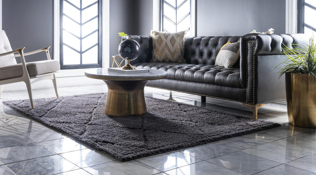 Dark Gray 9' x 12' 2 Trellis Shag Rectangle Area Rug Thick Soft Touch Fluffy & Plush Shaggy Pile Geometric Modern Unique Carpet for Home Interior Design for Sale at Rug Engine