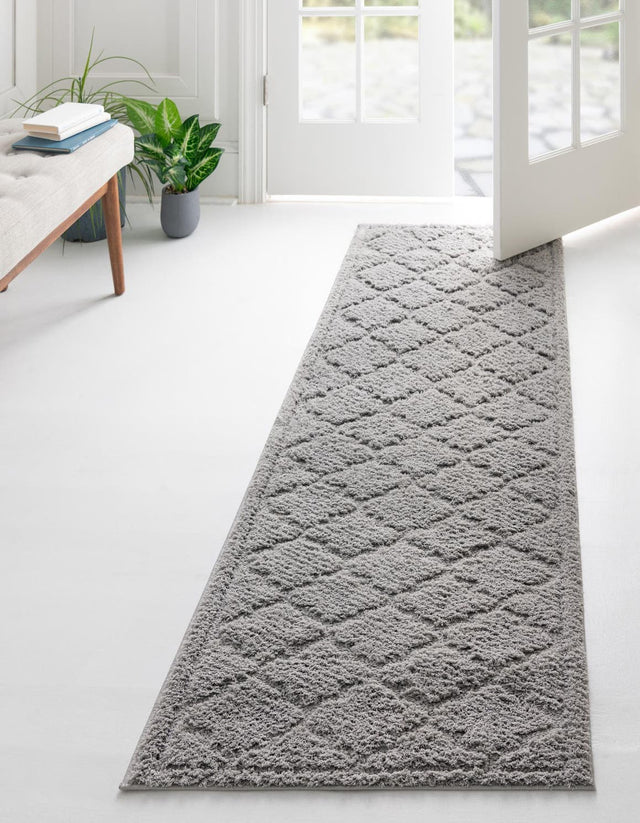 Gray 2' 7 x 10' Trellis Shag Runner Area Rug Thick Soft Touch Fluffy & Plush Shaggy Pile Geometric Modern Unique Carpet for Home Interior Design for Sale at Rug Engine