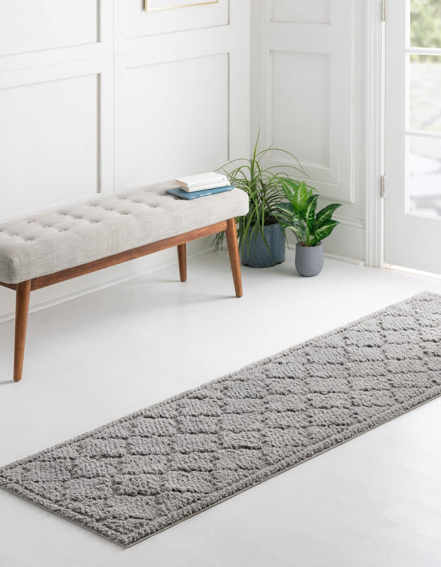 Gray 2' 7 x 10' Trellis Shag Runner Area Rug Thick Soft Touch Fluffy & Plush Shaggy Pile Geometric Modern Unique Carpet for Home Interior Design for Sale at Rug Engine