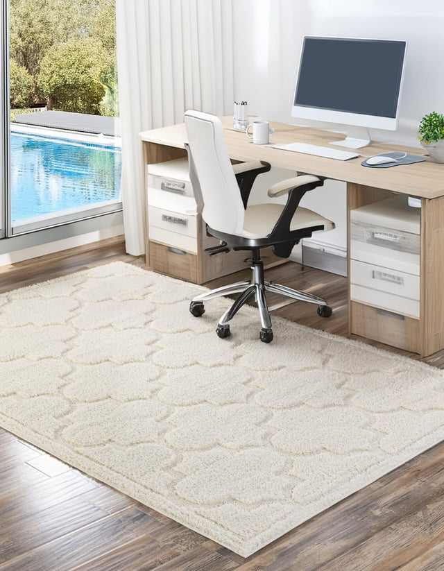 Ivory 5' 1 x 8' Trellis Shag Rectangle Area Rug Thick Soft Touch Fluffy & Plush Shaggy Pile