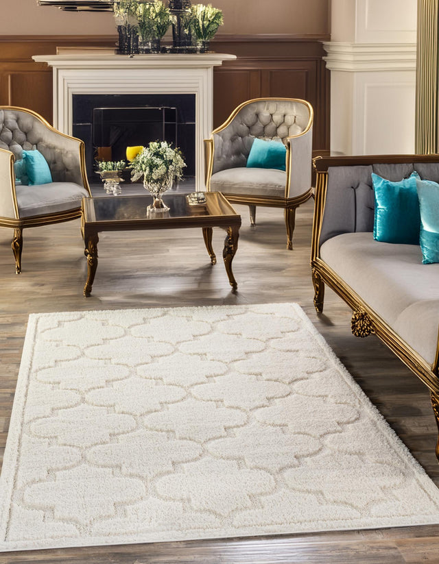 Ivory 8' x 10' Trellis Shag Rectangle Area Rug Thick Soft Touch Fluffy & Plush Shaggy Pile
