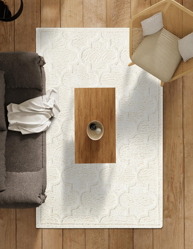 Ivory 8' x 10' Trellis Shag Rectangle Area Rug Thick Soft Touch Fluffy & Plush Shaggy Pile