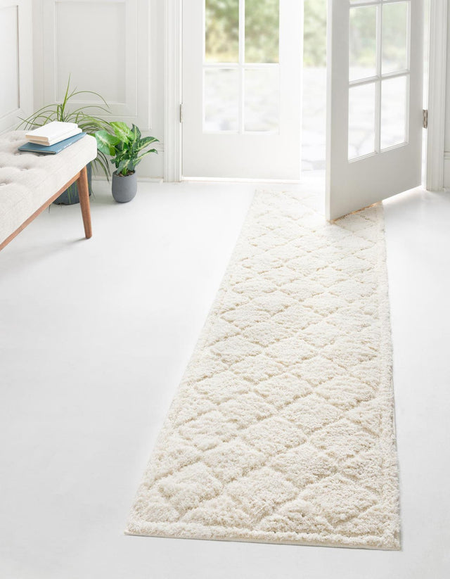 Ivory 2' 7 x 10' Trellis Shag Runner Area Rug Thick Soft Touch Fluffy & Plush Shaggy Pile Geometric Modern Unique Carpet for Home Interior Design for Sale at Rug Engine