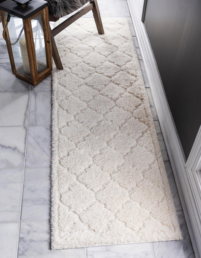 Ivory 2' 7 x 10' Trellis Shag Runner Area Rug Thick Soft Touch Fluffy & Plush Shaggy Pile Geometric Modern Unique Carpet for Home Interior Design for Sale at Rug Engine