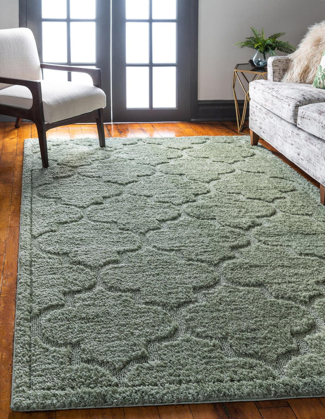 Green 8' x 10' Trellis Shag Rectangle Area Rug Thick Soft Touch Fluffy & Plush Shaggy Pile