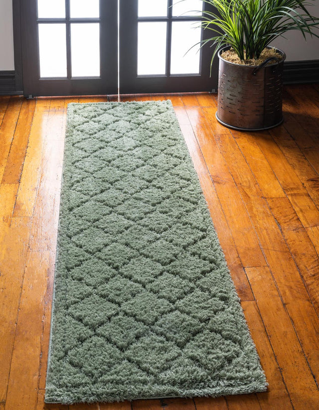 Green 2' x 6' 9 Trellis Shag Runner Area Rug Thick Soft Touch Fluffy & Plush Shaggy Pile Geometric Modern Unique Carpet for Home Interior Design for Sale at Rug Engine