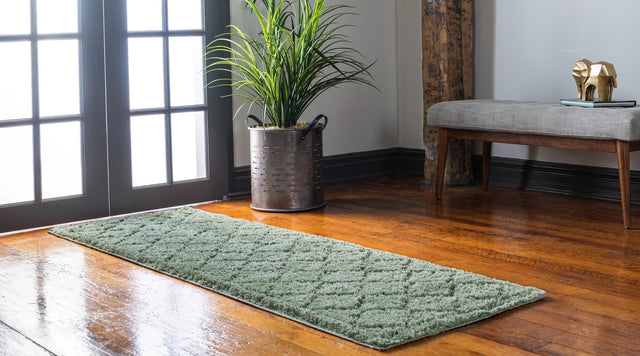 Green 2' x 6' 9 Trellis Shag Runner Area Rug Thick Soft Touch Fluffy & Plush Shaggy Pile Geometric Modern Unique Carpet for Home Interior Design for Sale at Rug Engine