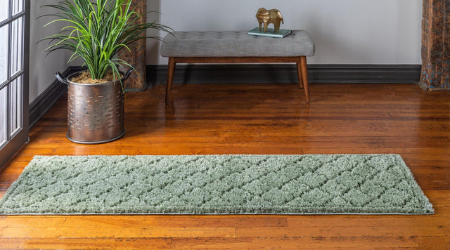 Green 2' x 6' 9 Trellis Shag Runner Area Rug Thick Soft Touch Fluffy & Plush Shaggy Pile Geometric Modern Unique Carpet for Home Interior Design for Sale at Rug Engine