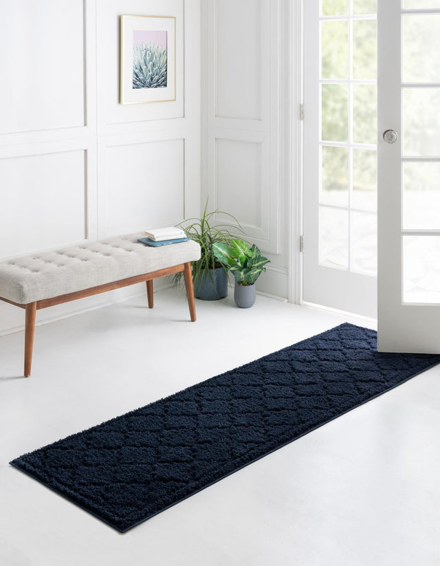 Navy Blue 2' x 6' 9 Trellis Shag Runner Area Rug Thick Soft Touch Fluffy & Plush Shaggy Pile Geometric Modern Unique Carpet for Home Interior Design for Sale at Rug Engine