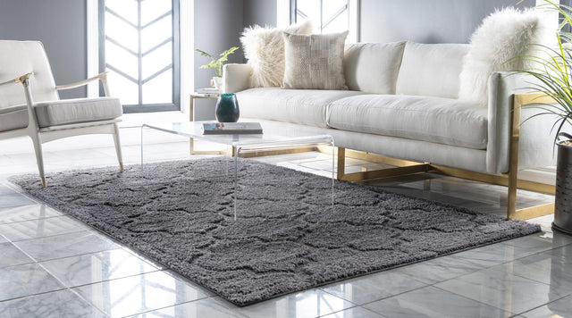 Dark Gray 9' x 12' 2 Trellis Shag Rectangle Area Rug Thick Soft Touch Fluffy & Plush Shaggy Pile Geometric Modern Unique Carpet for Home Interior Design for Sale at Rug Engine