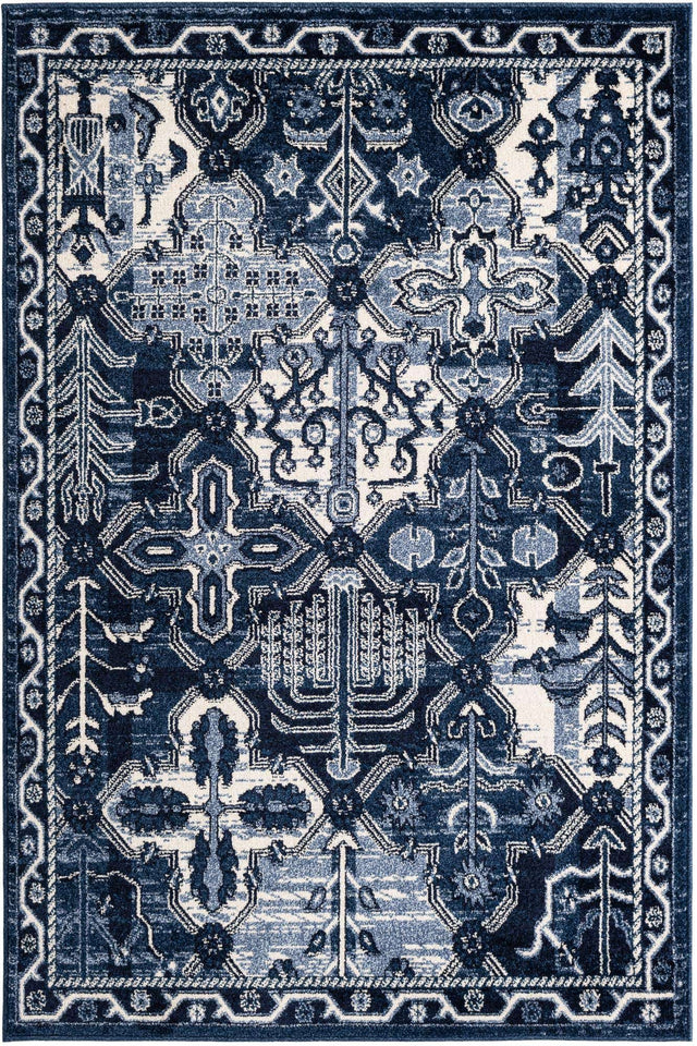 Blue 4' 1 x 6' 1 La Jolla Rectangle Area Rug 100% Polypropylene Traditional Pattern Easy Clean Carpet for Living, Dining, Bedroom, Office for Sale at Rug Engine