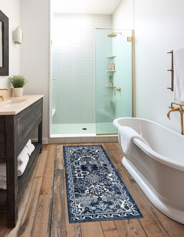 Blue 2' 7 x 10' La Jolla Runner Area Rug 100% Polypropylene Traditional Pattern Easy Clean Carpet for Living, Dining, Bedroom, Office for Sale at Rug Engine