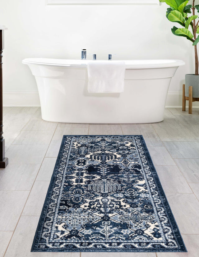 Blue 2' 7 x 10' La Jolla Runner Area Rug 100% Polypropylene Traditional Pattern Easy Clean Carpet for Living, Dining, Bedroom, Office for Sale at Rug Engine