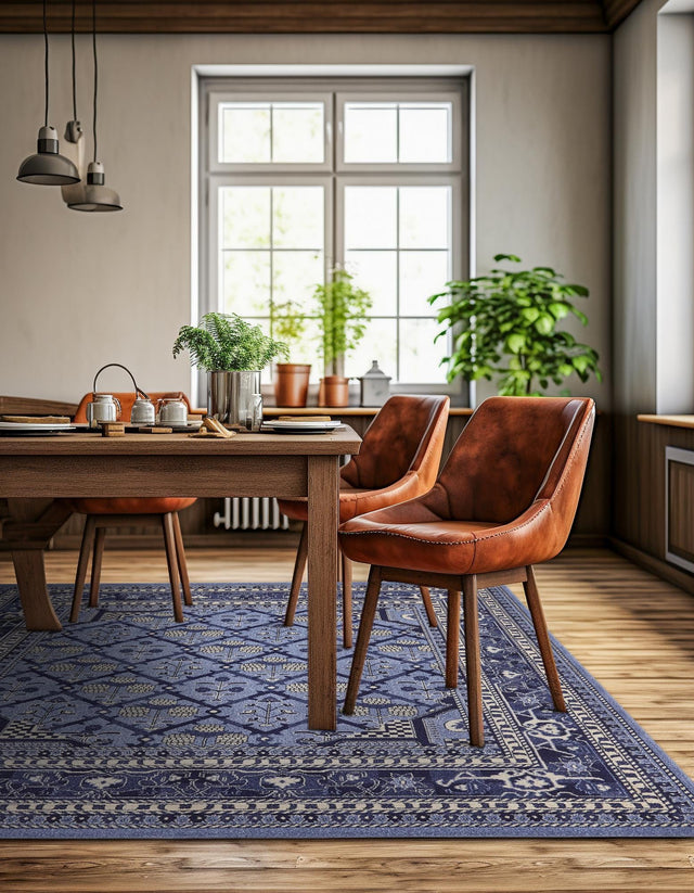 Blue 7' 10 x 7' 10 La Jolla Square Area Rug 100% Polypropylene Traditional Pattern Easy Clean Carpet for Living, Dining, Bedroom, Office for Sale at Rug Engine