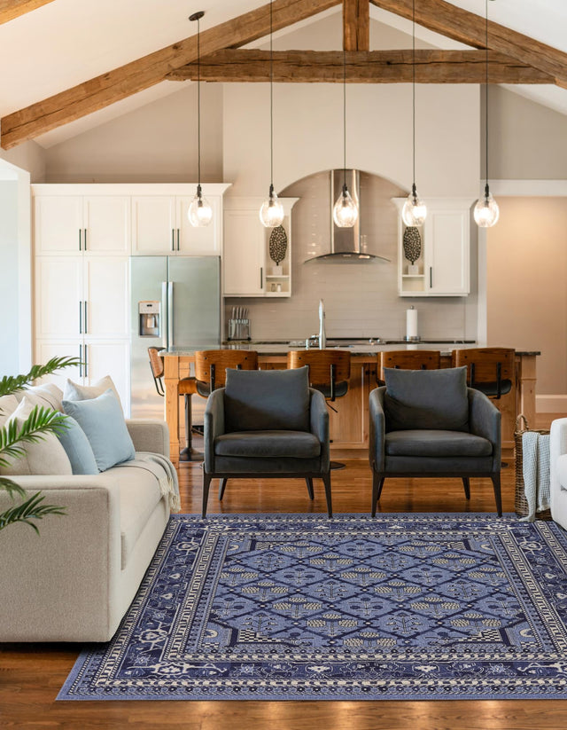 Blue 6' 1 x 6' 1 La Jolla Square Area Rug 100% Polypropylene Traditional Pattern Easy Clean Carpet for Living, Dining, Bedroom, Office for Sale at Rug Engine