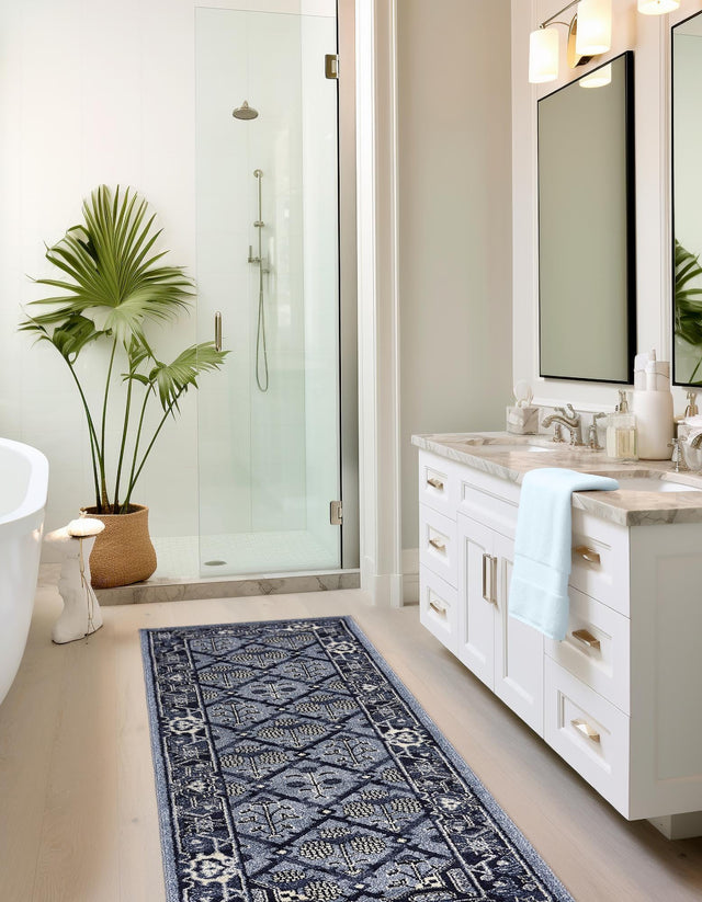 Blue 2' 7 x 10' La Jolla Runner Area Rug 100% Polypropylene Traditional Pattern Easy Clean Carpet for Living, Dining, Bedroom, Office for Sale at Rug Engine