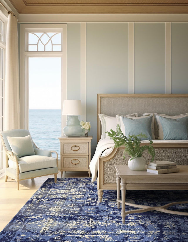 Blue 7' 10 x 7' 10 La Jolla Square Area Rug 100% Polypropylene Traditional Pattern Easy Clean Carpet for Living, Dining, Bedroom, Office for Sale at Rug Engine
