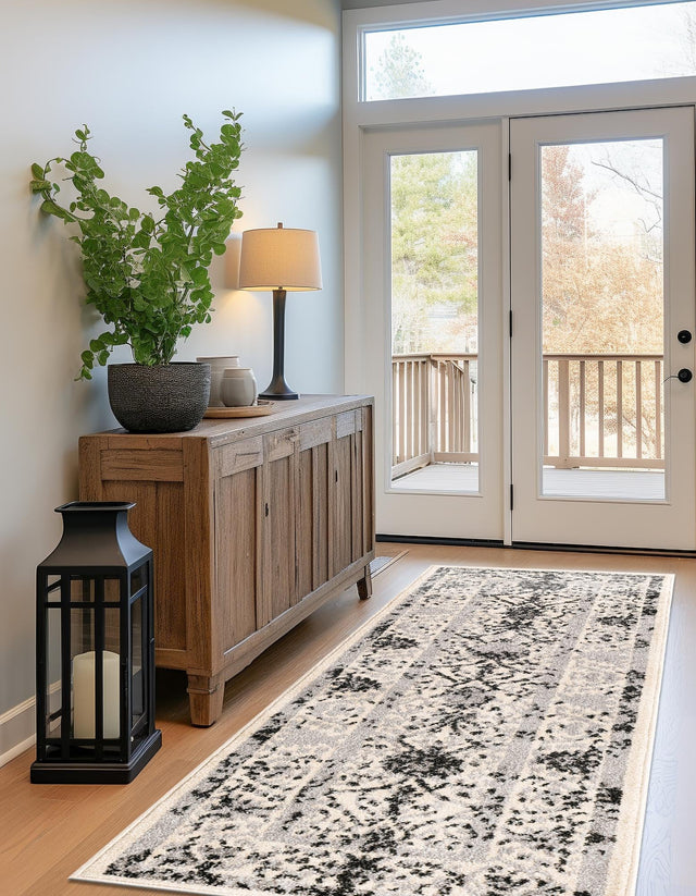 Ivory and Gray 2' 7 x 10' La Jolla Runner Area Rug 100% Polypropylene Traditional Pattern Easy Clean Carpet for Living, Dining, Bedroom, Office for Sale at Rug Engine