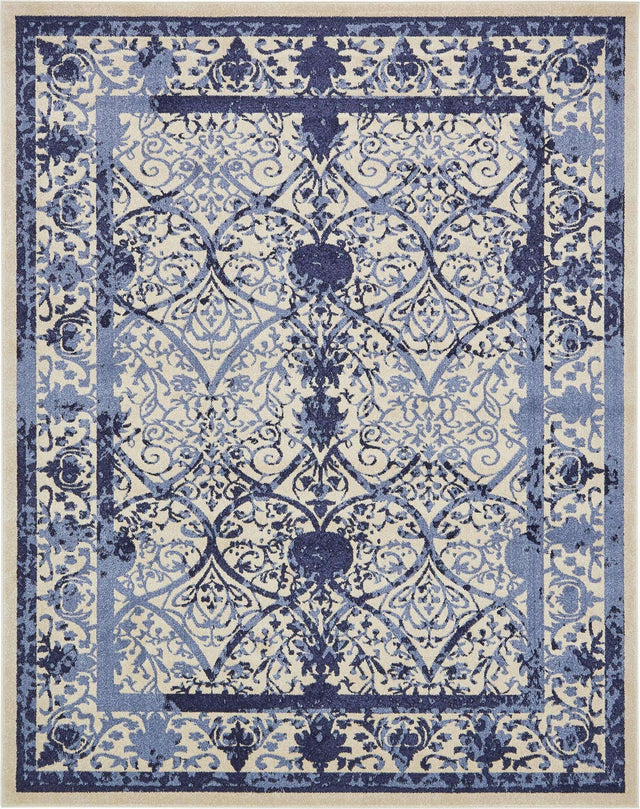 Ivory and Blue 7' 10 x 10' La Jolla Rectangle Area Rug 100% Polypropylene Traditional Pattern Easy Clean Carpet for Living, Dining, Bedroom, Office for Sale at Rug Engine