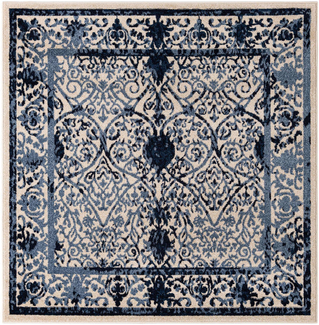 Ivory and Blue 6' 1 x 6' 1 La Jolla Square Area Rug 100% Polypropylene Traditional Pattern Easy Clean Carpet for Living, Dining, Bedroom, Office for Sale at Rug Engine