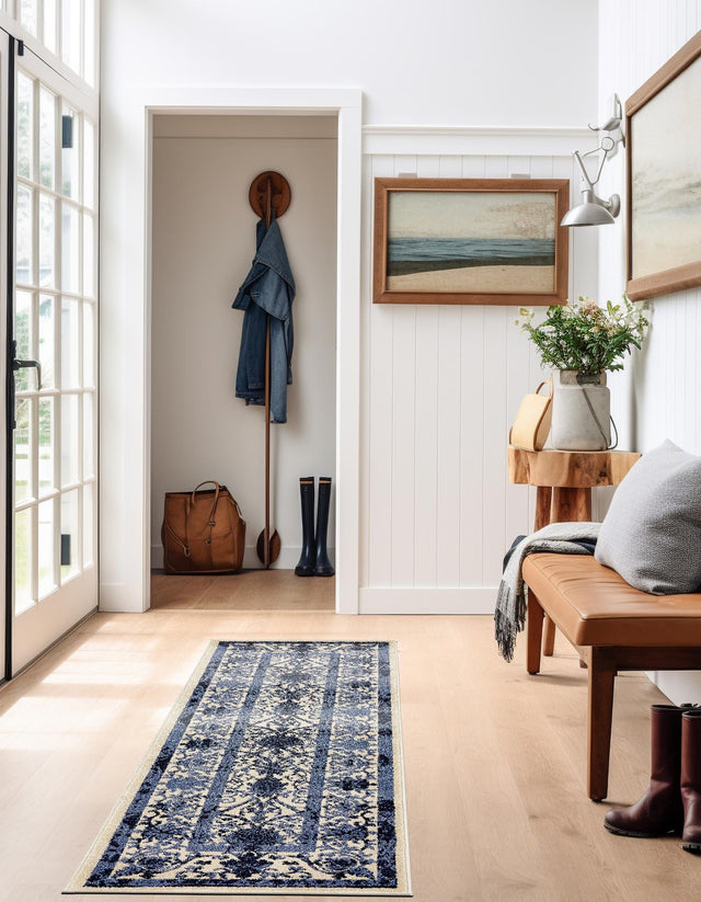 Ivory and Blue 2' x 6' 1 La Jolla Runner Area Rug 100% Polypropylene Traditional Pattern Easy Clean Carpet for Living, Dining, Bedroom, Office for Sale at Rug Engine