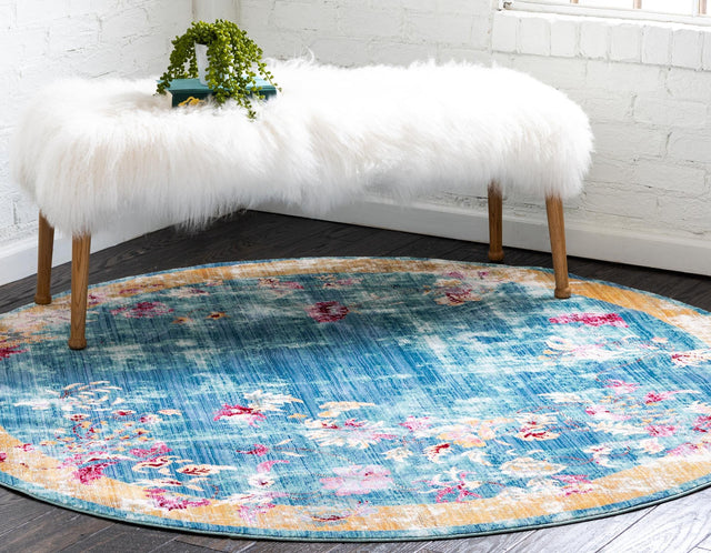 Blue 6' 1 x 6' 1 Austin Round Area Rug 100% Polyester Durable Cotton Backing Living Dining Room Bedroom Office Vintage Decor Carpet for Sale at Rug Engine