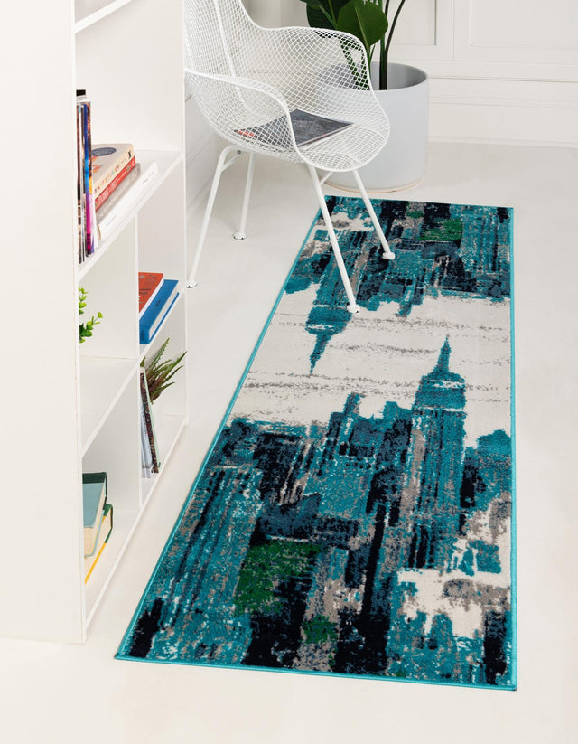 Turquoise 2' x 13' Metro Runner Area Rug 100% Polypropylene Abstract Modern Easy Clean Carpet for Living Room, Dining, Bedrooms for Sale at Rug Engine