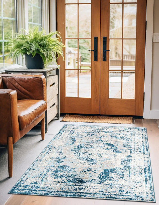Blue 6' 1 x 9' Sofia Rectangle Area Rug Durable Easy Clean Stain Resistant Unique Carpet for Affordable Interior Home Design for Sale at Rug Engine