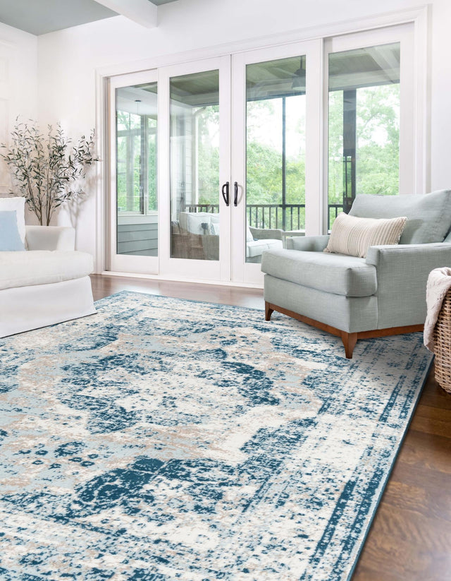 Blue 6' 1 x 9' Sofia Rectangle Area Rug Durable Easy Clean Stain Resistant Unique Carpet for Affordable Interior Home Design for Sale at Rug Engine