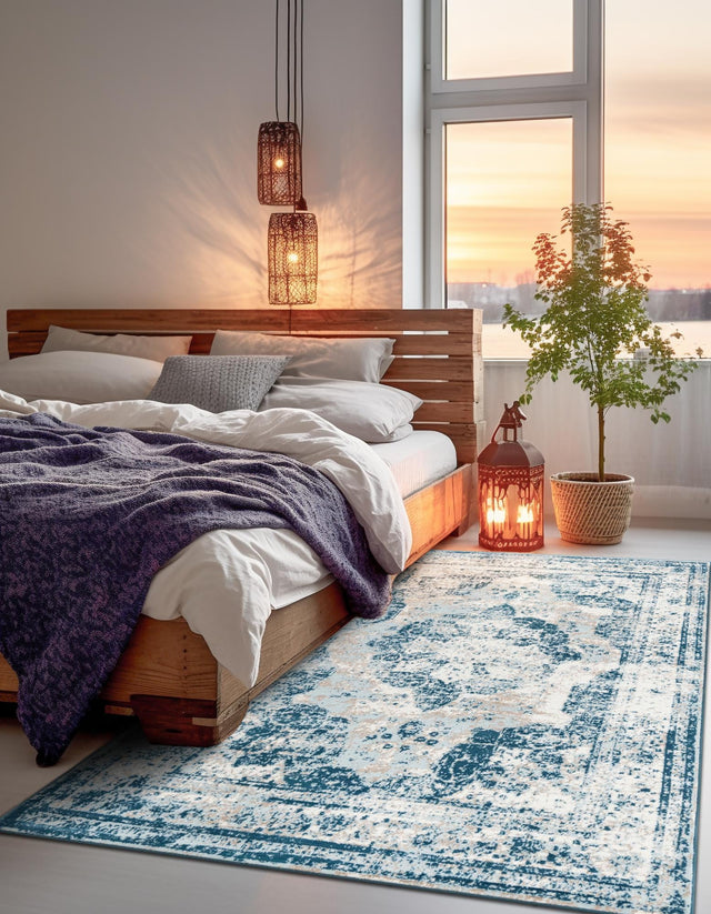 Blue 7' 10 x 10' Sofia Rectangle Area Rug Durable Easy Clean Stain Resistant Unique Carpet for Affordable Interior Home Design for Sale at Rug Engine