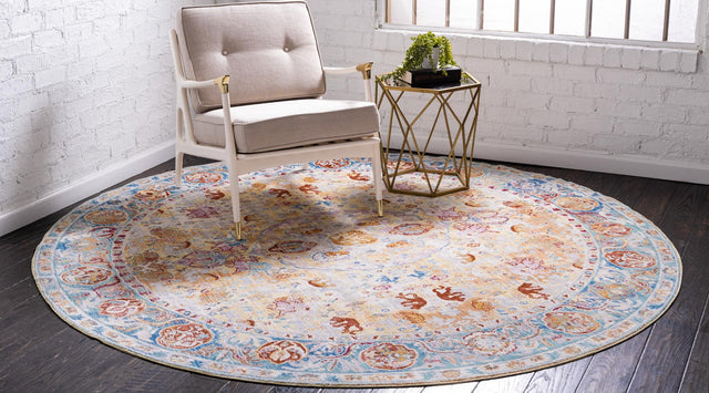 Beige 8' x 8' Austin Round Area Rug 100% Polyester Durable Cotton Backing Living Dining Room Bedroom Office Vintage Decor Carpet for Sale at Rug Engine