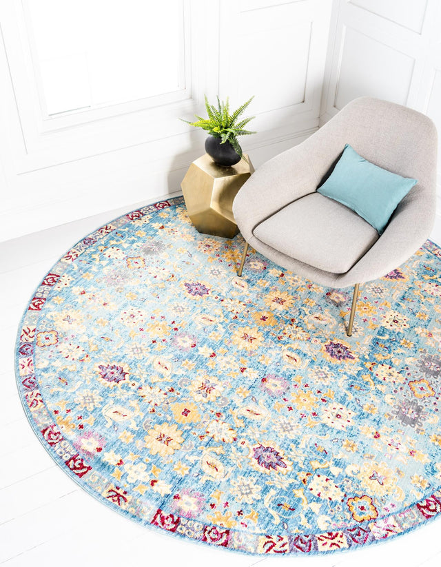 Blue 8' x 8' Austin Round Area Rug 100% Polyester Durable Cotton Backing Living Dining Room Bedroom Office Vintage Decor Carpet for Sale at Rug Engine