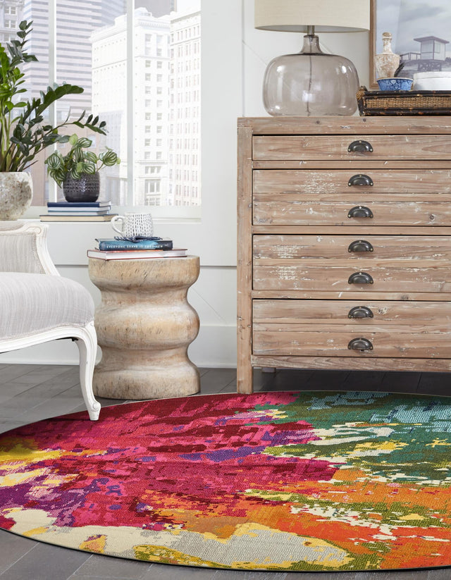 Multicolor 8' x 8' Estrella Round Area Rug 100% Polypropylene Non-Shedding Stain Resistant Carpet Colorful Modern Abstract Design Easy Clean for Home Decor for Sale at Rug Engine