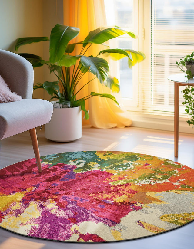 Multicolor 8' x 8' Estrella Round Area Rug 100% Polypropylene Non-Shedding Stain Resistant Carpet Colorful Modern Abstract Design Easy Clean for Home Decor for Sale at Rug Engine