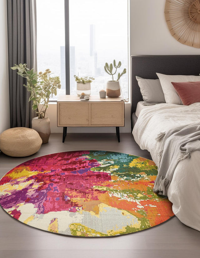 Multicolor 6' 1 x 6' 1 Estrella Round Area Rug 100% Polypropylene Non-Shedding Stain Resistant Carpet Colorful Modern Abstract Design Easy Clean for Home Decor for Sale at Rug Engine