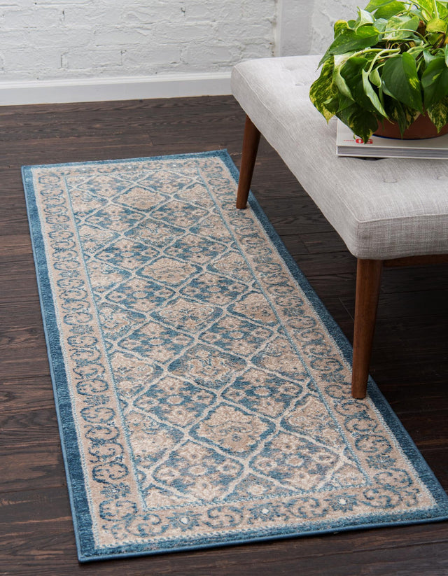 Light Blue 2' 7 x 10' Salzburg Runner Area Rug Stain Resistant Easy Clean Traditional Classic Design Durable Carpet for Affordable Interior Home Decorating for Sale at Rug Engine
