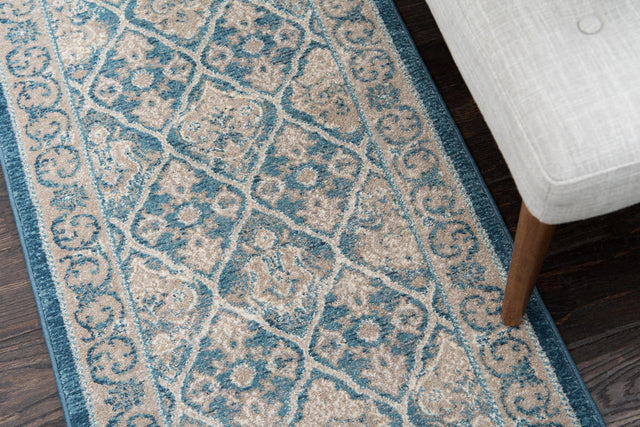 Light Blue 2' 7 x 10' Salzburg Runner Area Rug Stain Resistant Easy Clean Traditional Classic Design Durable Carpet for Affordable Interior Home Decorating for Sale at Rug Engine