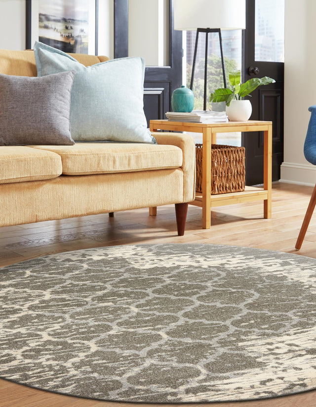 Light Gray 6' x 6' Trellis Round Area Rug