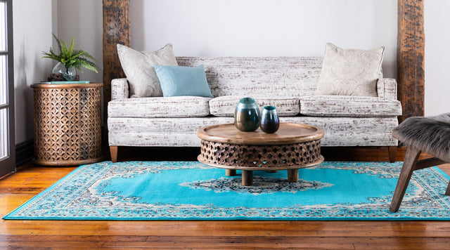 Turquoise 5' 3 x 8' Reza Rectangle Area Rug 100% Polypropylene Easy Clean Traditional Motif Classic Carpet for Home Interiors for Sale at Rug Engine