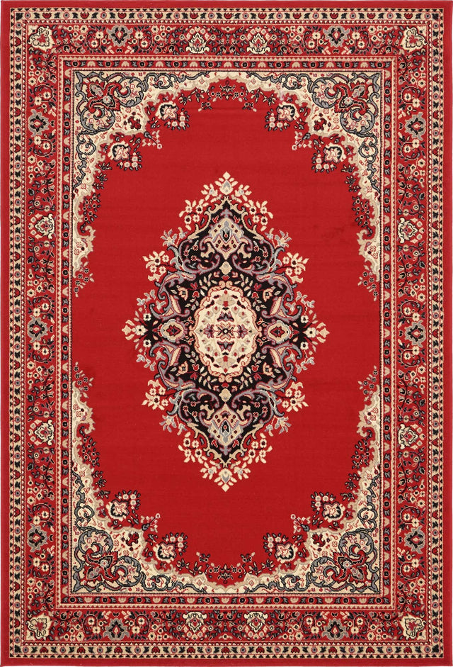Red 6' 1 x 9' Reza Rectangle Area Rug 100% Polypropylene Easy Clean Traditional Motif Classic Carpet for Home Interiors for Sale at Rug Engine