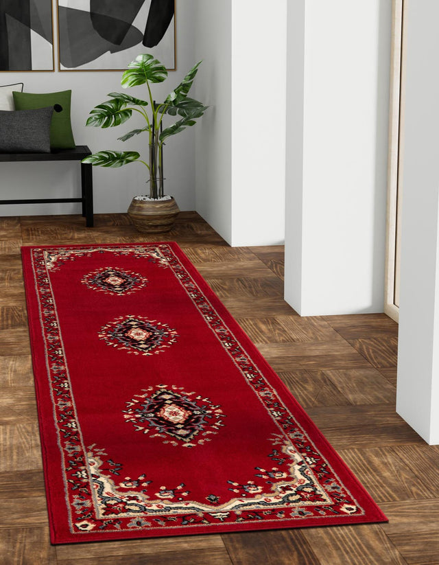 Red 3' 1 x 16' 5 Reza Runner Area Rug 100% Polypropylene Easy Clean Traditional Motif Classic Carpet for Home Interiors for Sale at Rug Engine