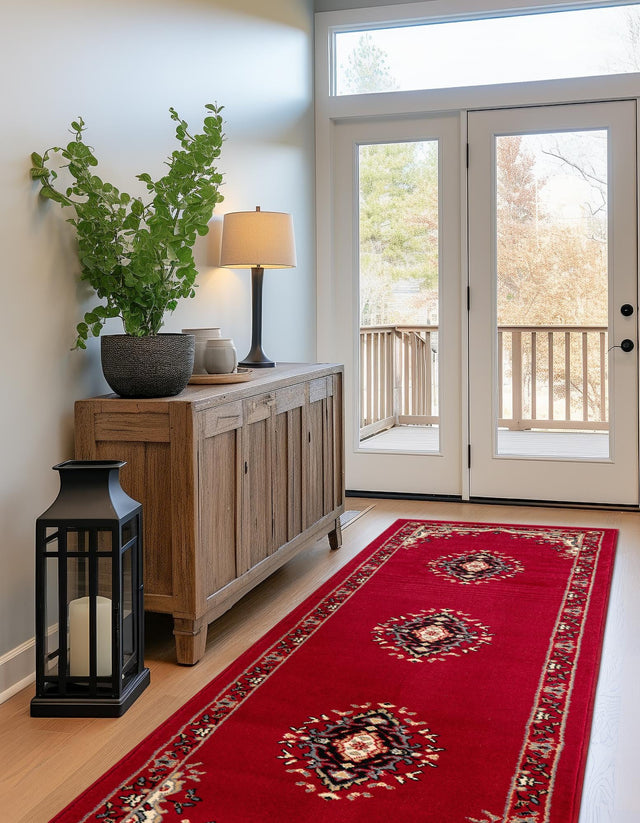 Red 3' 1 x 16' 5 Reza Runner Area Rug 100% Polypropylene Easy Clean Traditional Motif Classic Carpet for Home Interiors for Sale at Rug Engine