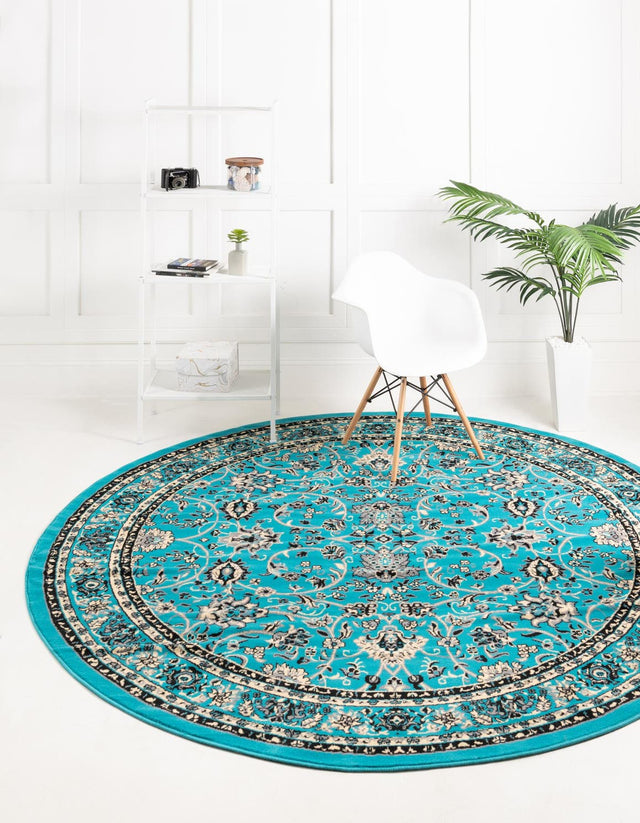Turquoise 7' 10 x 7' 10 Sialk Hill Round Area Rug 100% Polypropylene Durable Easy Clean Classic Traditional Design Carpet for Interior Design for Sale at Rug Engine