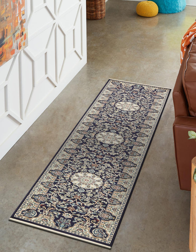 Navy Blue 3' x 13' 1 Narenj Runner Area Rug 85% Polypropylene & 15% Polyester Traditional Classic Carpet for Living, Dining, Bedrooms, Office for Sale at Rug Engine