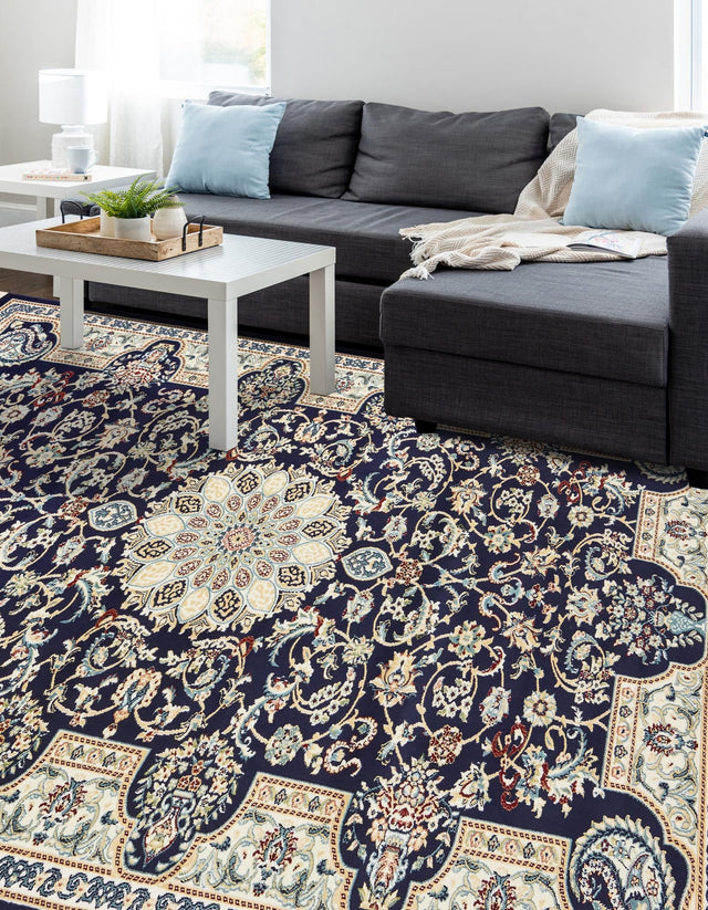 Navy Blue 7' 10 x 10' Narenj Rectangle Area Rug 85% Polypropylene & 15% Polyester Traditional Classic Carpet for Living, Dining, Bedrooms, Office for Sale at Rug Engine