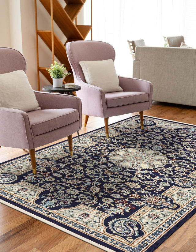 Navy Blue 7' 10 x 10' Narenj Rectangle Area Rug 85% Polypropylene & 15% Polyester Traditional Classic Carpet for Living, Dining, Bedrooms, Office for Sale at Rug Engine