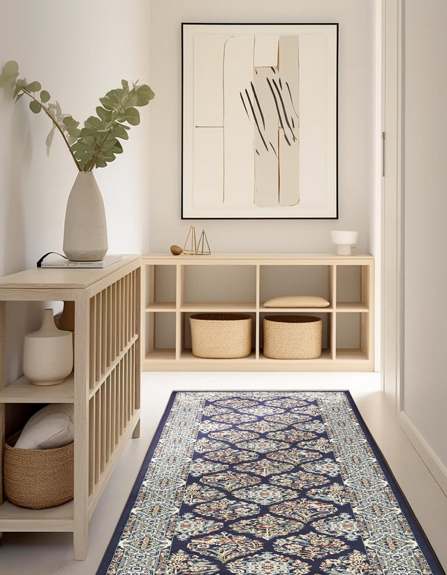 Navy Blue 2' 11 x 13' 1 Narenj Runner Area Rug 85% Polypropylene & 15% Polyester Traditional Classic Carpet for Living, Dining, Bedrooms, Office for Sale at Rug Engine